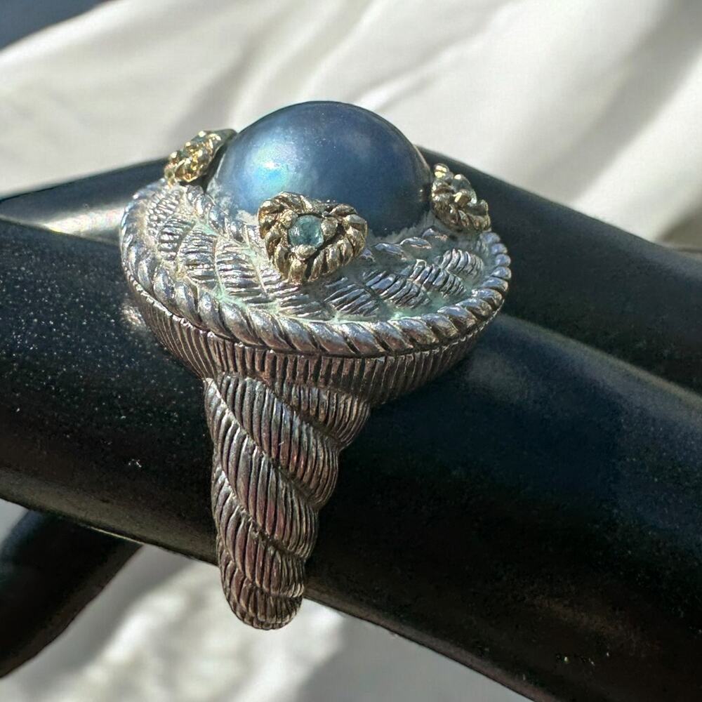Judith Ripka 18K Gold and 925 Silver Gray Pearl and Aquamarine Cocktail Ring